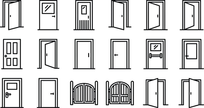 Door open closed house entrance gate interior architecture line icon set with handle window symbols