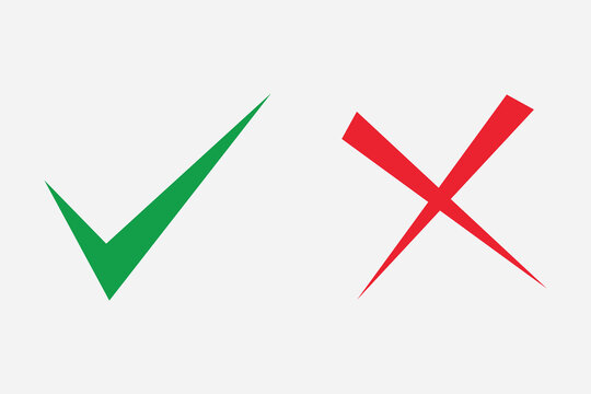 A minimalist vector graphic featuring a sharp green check mark symbol on the left and a bold red cross mark icon on the right, isolated on a light gray background.