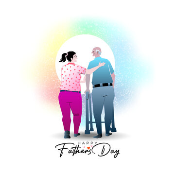 Happy Father's Day promotional postcard background. Illustration of a daughter thanking and helping her father.