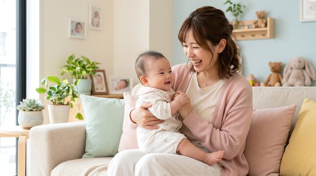 Heartwarming portrait of a smiling Japanese mother cradling and laughing with her happy baby on a living room couch, depicting unconditional maternal love.