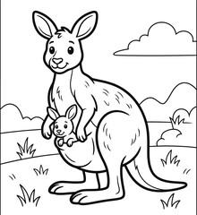 Obraz premium Kangaroo and joey coloring page for kids. Cartoon kangaroo with joey in pouch waving black and white line art