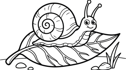 Smiling snail on a leaf coloring page. A cute forest scene coloring page depicting a smiling mushroom a friendly snail a blooming flower and bright sunshine © Sajminnahar