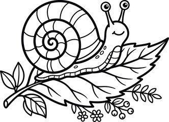 Charming snail illustration on leaf branch black and white line art.Charming snail and butterfly illustration © Sajminnahar