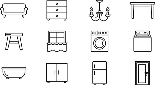 Home furniture and household appliance line icon set with sofa table drawer refrigerator washing machine symbols