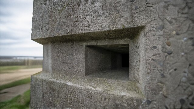 Close-up of a grey concrete blockhouse, square firing port and rough textured surface.