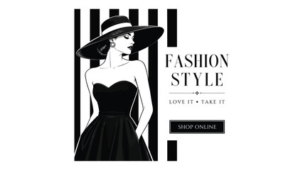Woman wearing a wide-brimmed sun hat and a black dress stands against a striped background to showcase high fashion elegance. © Adam