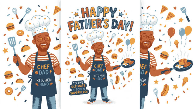 Happy father's day greeting card featuring a cheerful cartoon chef dad holding a frying pan with delicious breakfast food