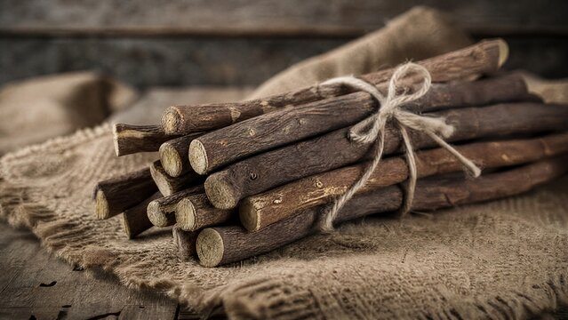Bundle of dried licorice roots on burlap fabric, textural detail.