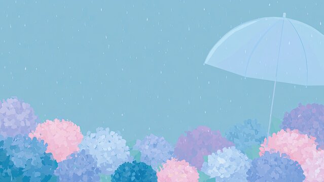 雨の日のアジサイと透明傘 梅雨イメージの背景イラスト