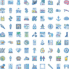 Obraz premium Hand drawn colorful doodle icon set, diverse sketches and symbols covering business, tech, health, food, travel, environment and communication for web and graphic design - 160 chars -