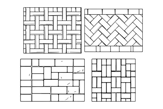Outdoor Paving Pattern Set Herringbone Basket weave Running Bond Monochrome Outline Textures