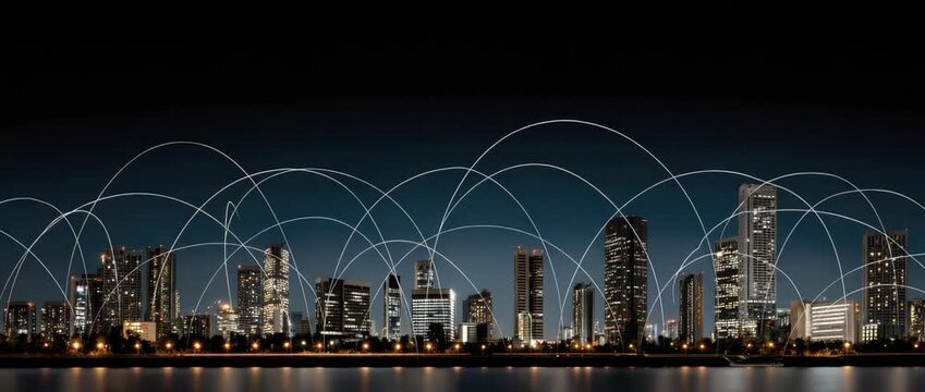 View of a city skyline at night with lights and digital connections across buildings showing technology and urban life in a modern setting