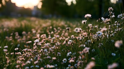 Fototapeta premium A tranquil field of wildflowers bathed in warm golden evening light creates a peaceful and exploratory landscape