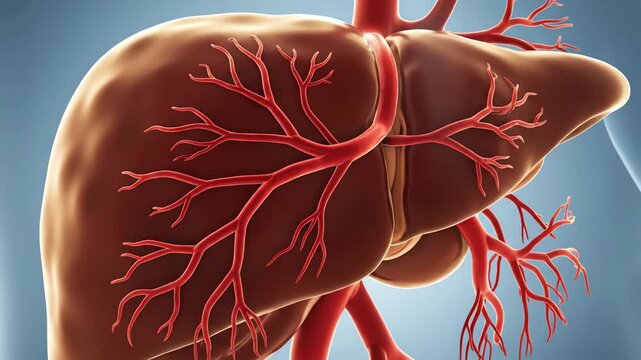 Anatomical illustration of a human liver with visible blood vessels and hepatic arteries.