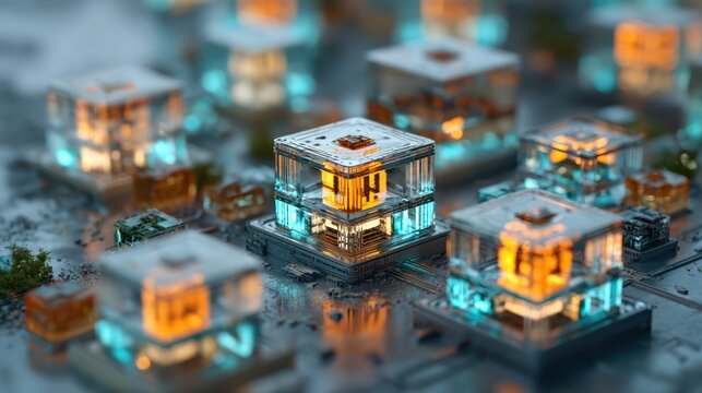 Illuminated microprocessors rest upon a futuristic circuit board surface with shallow depth of field