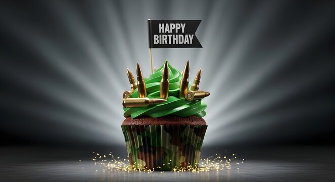 Military birthday cupcake with ammunition and camouflage pattern