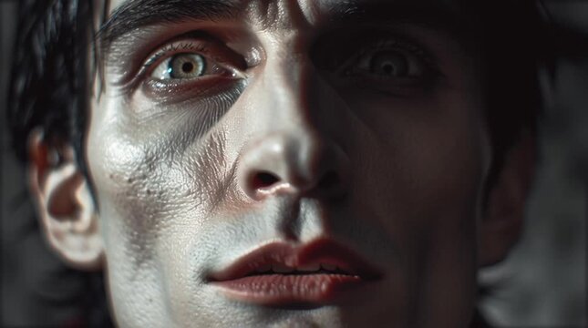 Close up of a man's face with dramatic lighting showing intense gaze and textured skin