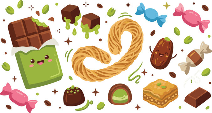 Cute pistachio chocolate bar and kataifi kunafa doodle vector illustration set featuring cartoon characters like candy treats baklava dates and sweet pastry desserts
