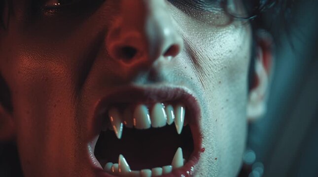 Close up of a man with vampire fangs and sharp teeth in dramatic lighting