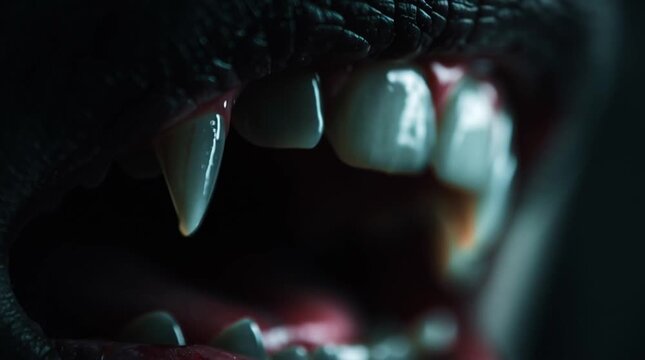 Close up of a vampire mouth with sharp fangs and bloody lips in dark lighting