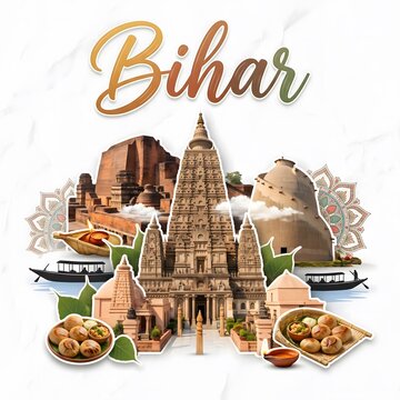 Bihar Travel Poster Featuring Cultural Heritage Traditional Cuisine and Iconic Landmarks