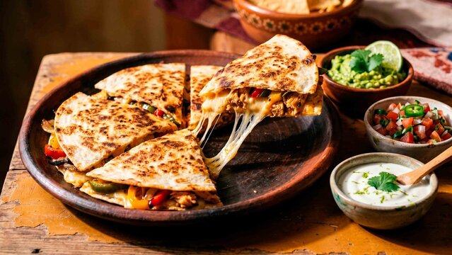 Delicious sliced crispy tortilla melt with chicken colorful vegetables and stringy cheese on rustic wood