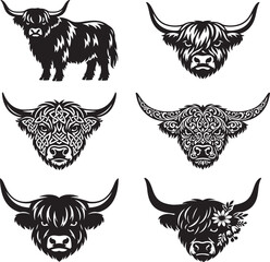 Obraz premium Highland Cow Head and Full Body Vector Bundle with Celtic Floral and Decorative Farm Animal Designs 