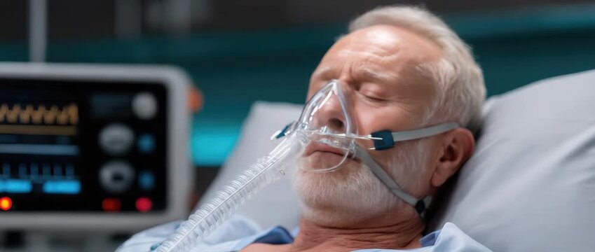 Patient in hospital bed connected to ventilator receives medical care in intensive care unit during evening hours