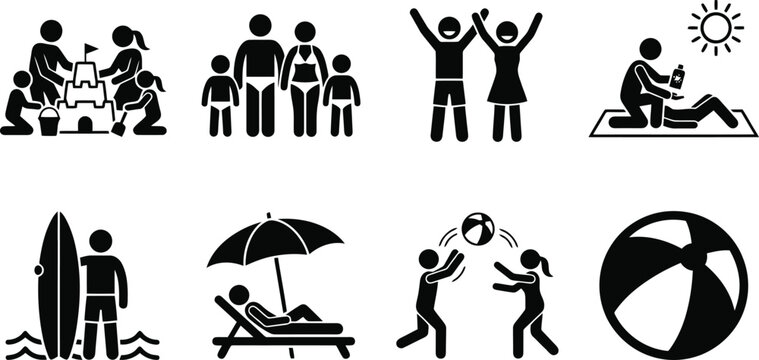 Summer beach vacation icons set featuring families playing building sandcastles surfing sunbathing and relaxing under umbrellas on sandy shores