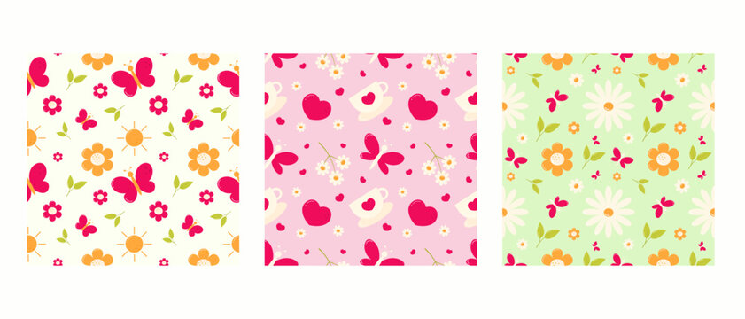 Cute childish seamless pattern collection with butterflies, leafs and flowers in flat cartoon style. Childish repeated pattern set. Adorable ornaments with bugs and flowers. Vector illustration.