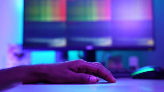 Tracking shot of hand moving computer mouse across desk in gaming setup with colorful led backlight and blurred monitor background at night