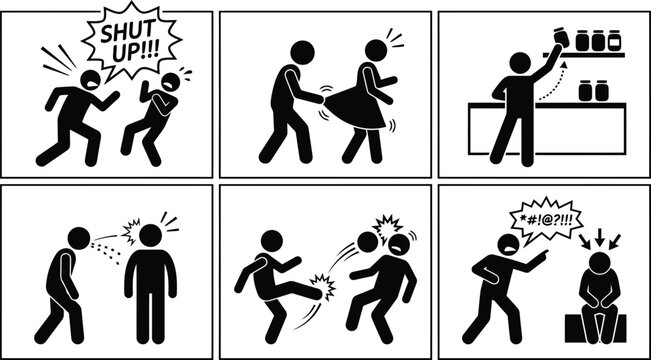 Stick figure icons showing various examples of bad behavior including bullying harassment aggression disrespect and toxic conduct in daily life