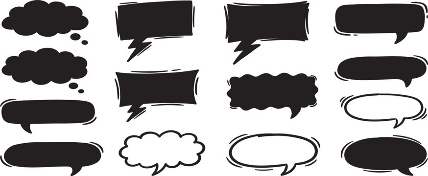 Black Hand Drawn Speech Bubble Icon Set with Comic Book Thought Clouds and Chat Frames for Social Media and Web Designs