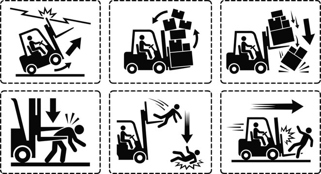 Forklift safety warning signs illustrating various warehouse accident risks including falling cargo collision and hazardous driving in industrial work settings
