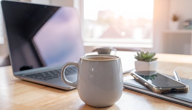 Comfortable remote work setup featuring coffee mug, laptop, and smartphone on a modern desk. Productivity, freelancing, work from home, and lifestyle concept.