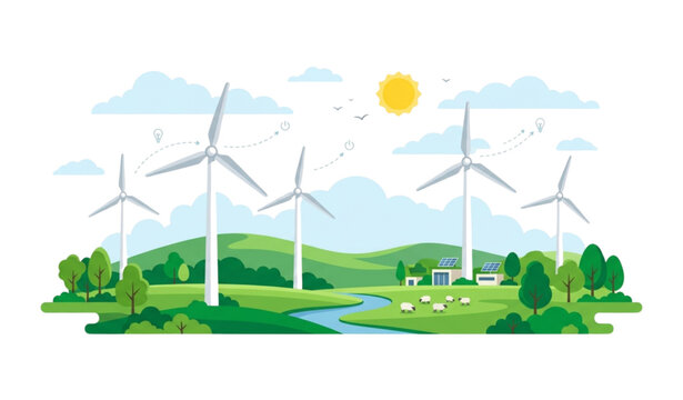 Renewable Wind Energy Illustration Featuring Sustainable Power and Green Natural Landscape