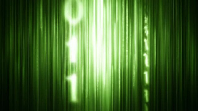 A green-toned, abstract image featuring vertical lines and a digital rain effect