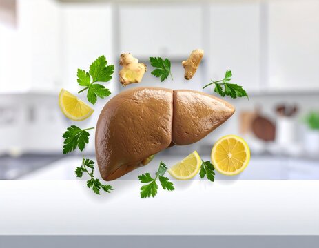 Liver model floats above a clean kitchen counter alongside scattered lemon slices, ginger, and fresh green parsley.