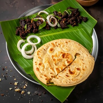 South indian beef roast and parotta served on banana leaf with sliced onion rings for lunch meal.