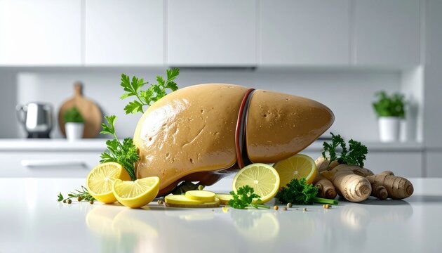 Liver organ model sits on a clean kitchen counter surrounded by fresh yellow lemon slices and green parsley herbs.