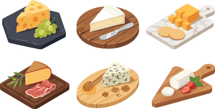Gourmet charcuterie boards and cheese platters vector isometric illustration set featuring dairy snack appetizers like brie cheddar gouda blue cheese and goat cheese icons
