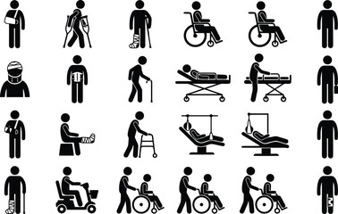 Obraz premium Medical icons set showing disabled people with crutches wheelchairs hospital beds and various injuries in a flat black style