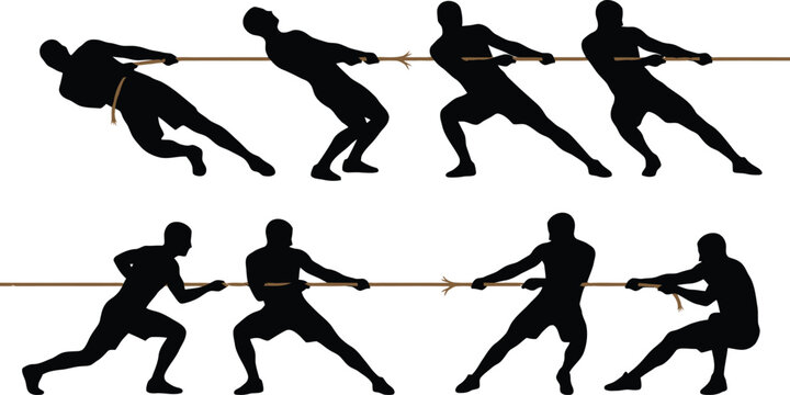 Tug of war silhouettes featuring groups of athletic men pulling a rope together in a competitive sports game isolated white