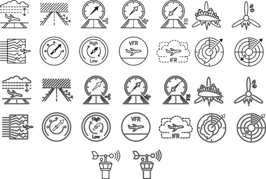 Minimalist aviation meteorology linear icons. Aircraft landing in bad weather, wind tunnel, airspeed gauge, control tower, and propeller vector elements for flight safety dashboard.