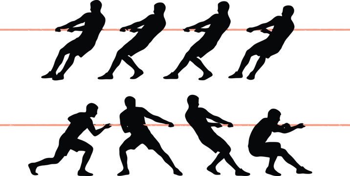 Tug of war silhouette collection showing men pulling a long rope during a competitive team sports event on white background