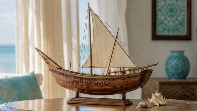 Wooden dhow model on polished surface with coastal light and seashell accents.
