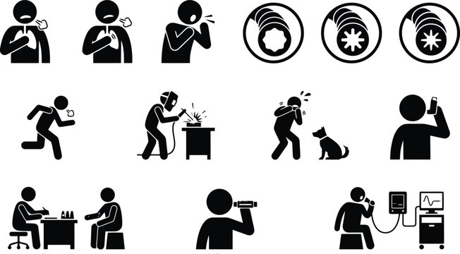 Asthma icons set showing respiratory symptoms medical diagnosis allergic reaction treatment inhaler usage welding fumes and lung health checkup signs