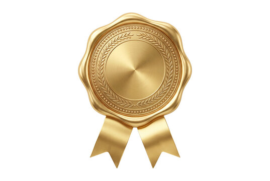 Golden seal with ribbon on transparent background