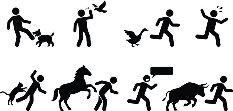 Stick figure icons showing human interaction with various animals including dog cat goose horse and bull on white background