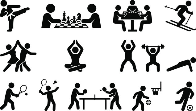 Sports icons set featuring various athletic activities including team games individual exercises fitness training and leisure recreational hobby pursuits black silhouettes
